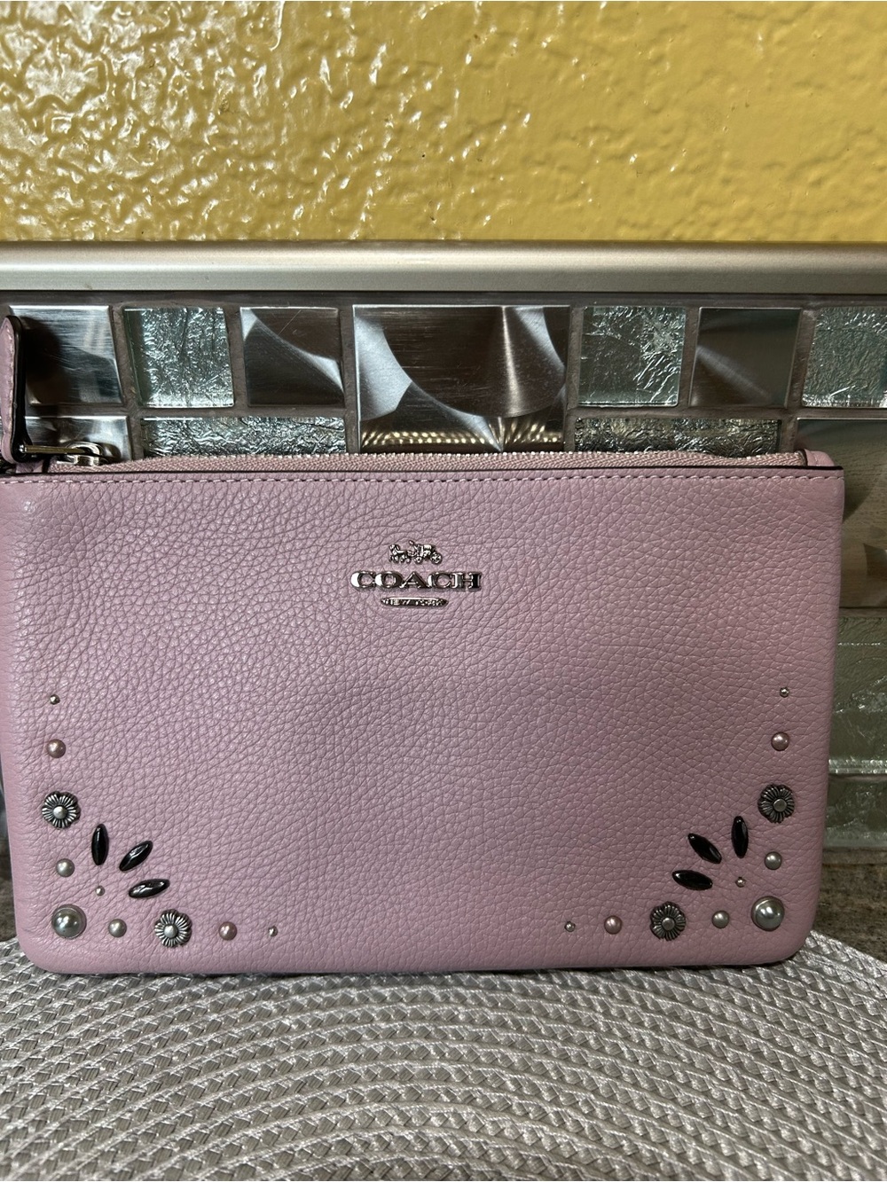 Coach Pink Leather Wristlet Clutch with Stud Detailing
